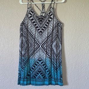 White and blue with black pattern dress